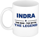 Naam cadeau Indra - The man, The myth the legend koffie mok / beker 300 ml - naam/namen mokken - Cadeau voor o.a verjaardag/ vaderdag/ pensioen/ geslaagd/ bedankt