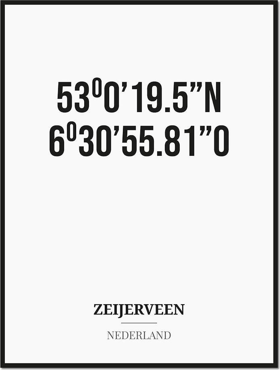 Studio216 Poster/kaart ZEIJERVEEN met coördinaten zwart, wit