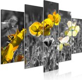 Schilderijen Op Canvas - Schilderij - Yellow Poppies (5 Parts) Wide 200x100 - Artgeist Schilderij