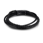 Twice As Nice Armband in edelstaal, 3 rijen in zwart leder en bolletjes  21 cm
