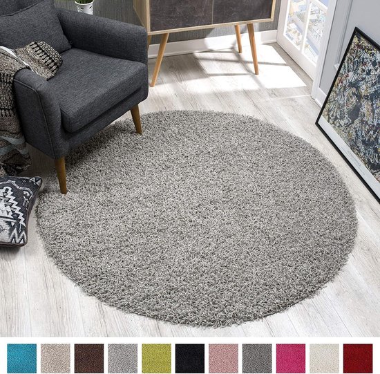 Muratap Loca Shaggy Vloerkleed Rond Lichtgrijs - 120 CM ROND - Vloerkleed Hoogpolig - Tapijt Woonkamer, Slaapkamer