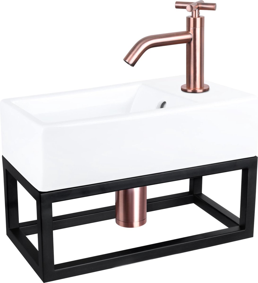 Differnz Force Fonteinset - Keramiek - Kraan kruis rood koper - Met handdoekrek - 40 x 22 x 11.5 cm