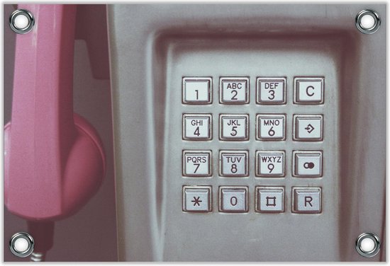 Tuinposter –Oude Telefoon met Roze Hoorn– 60x40 Foto op Tuinposter (wanddecoratie voor buiten en binnen)
