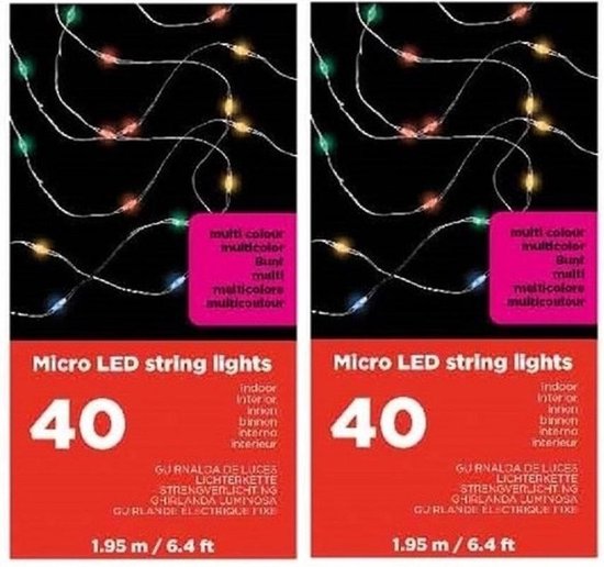 2x Draadverlichting zilverdraad 40 gekleurde lampjes - 195 cm - Micro LED lichtsnoeren 2 stuks