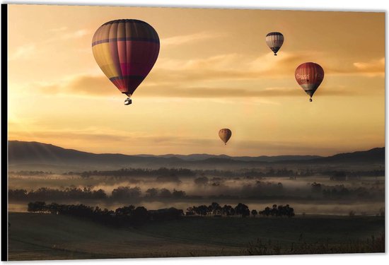 Dibond –Luchtballonnen boven Bergen-40x30 Foto op Aluminium (Wanddecoratie van metaal)