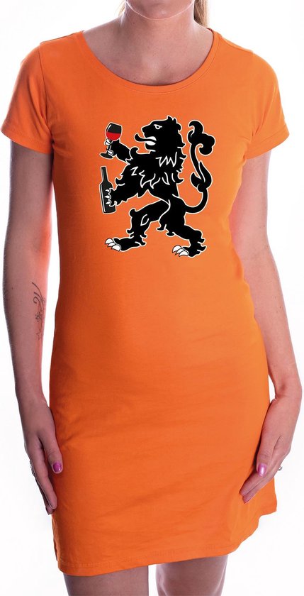 Oranje jurkje wijn drinkende leeuw voor dames - Koningsdag / EK-WK kleding shirts L