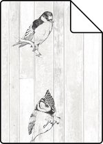Proefstaal ESTAhome behang pengetekende vogels op sloophout planken zwart en mat wit - 128834 - 26,5 x 21 cm