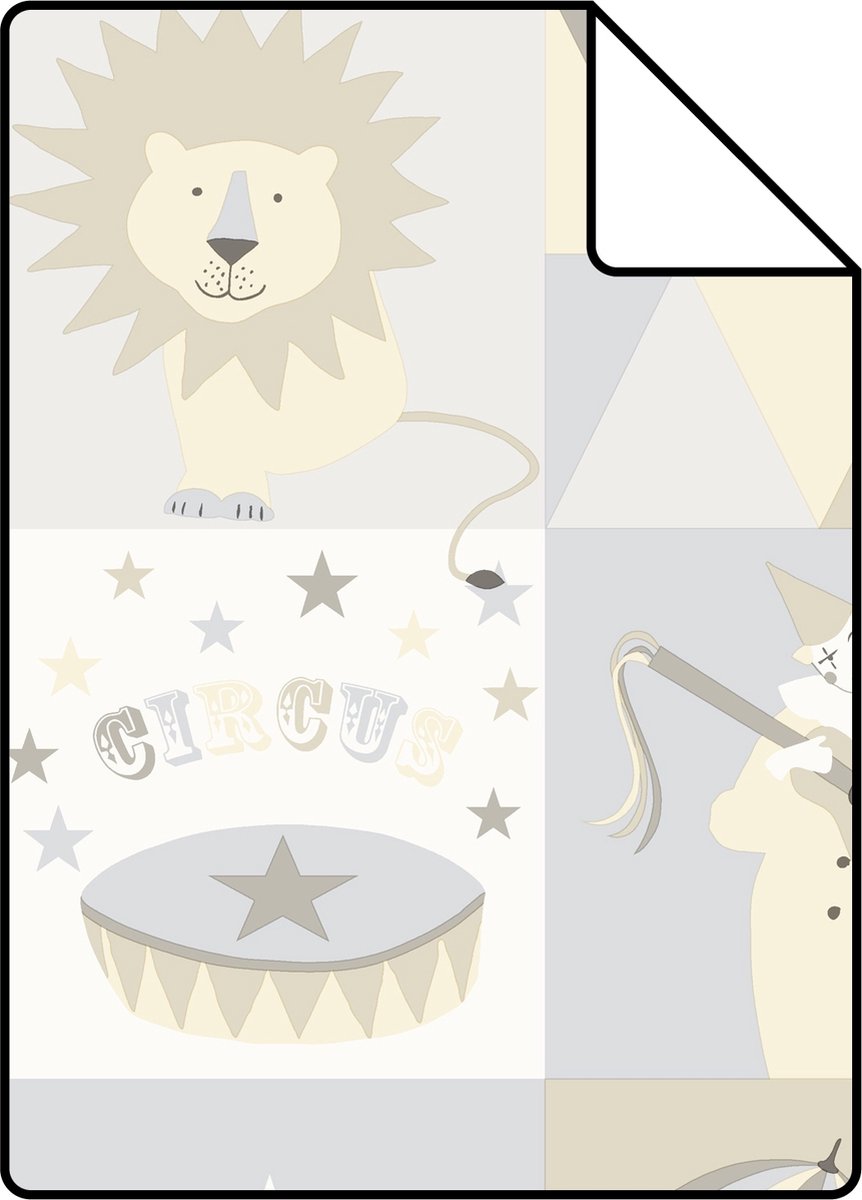 Proefstaal ESTAhome behang circus figuren lichtgrijs, beige en glanzend wit - 26.5 x 21 cm - 128705-S