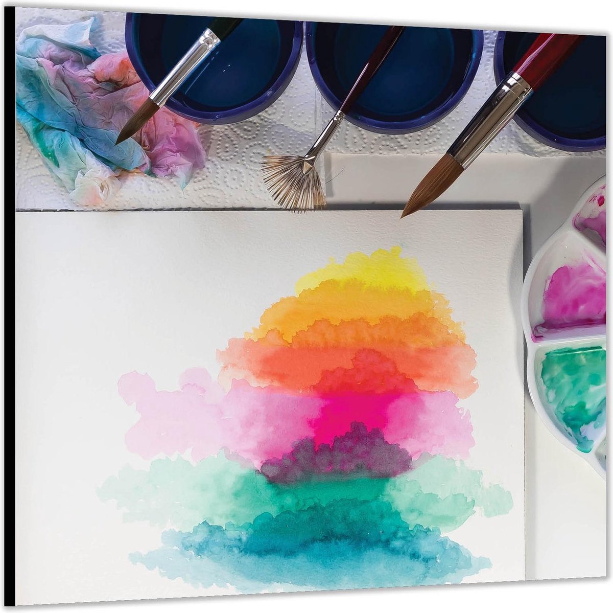Dibond –Waterverf Spullen met Tekening– 50x50 Foto op Aluminium (Wanddecoratie van metaal)