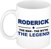 Naam cadeau Roderick - The man, The myth the legend koffie mok / beker 300 ml - naam/namen mokken - Cadeau voor o.a verjaardag/ vaderdag/ pensioen/ geslaagd/ bedankt