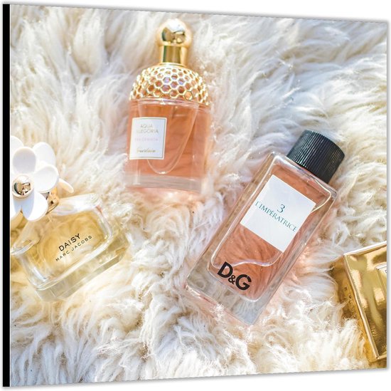 Dibond –Verschillende merken Parfum op Kleedje-100x100 Foto op | bol.com