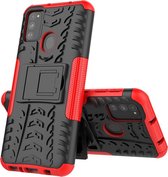 Voor Galaxy M30s Tire Texture Shockproof TPU + PC beschermhoes met houder (rood)