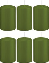 6x Olijfgroene cilinderkaarsen/stompkaarsen 5 x 8 cm 18 branduren - Geurloze kaarsen olijf groen - Woondecoraties
