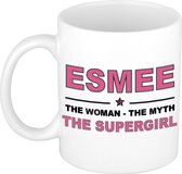 Naam cadeau Esmee - The woman, The myth the supergirl koffie mok / beker 300 ml - naam/namen mokken - Cadeau voor o.a  verjaardag/ moederdag/ pensioen/ geslaagd/ bedankt