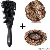 Zwarte Anti-klit Haarborstel + Panter print satijnen slaapmuts | Detangler brush | Detangling brush | Satin cap / Hair bonnet / Satijnen nachtmuts / Satin bonnet | Kam voor Krullen