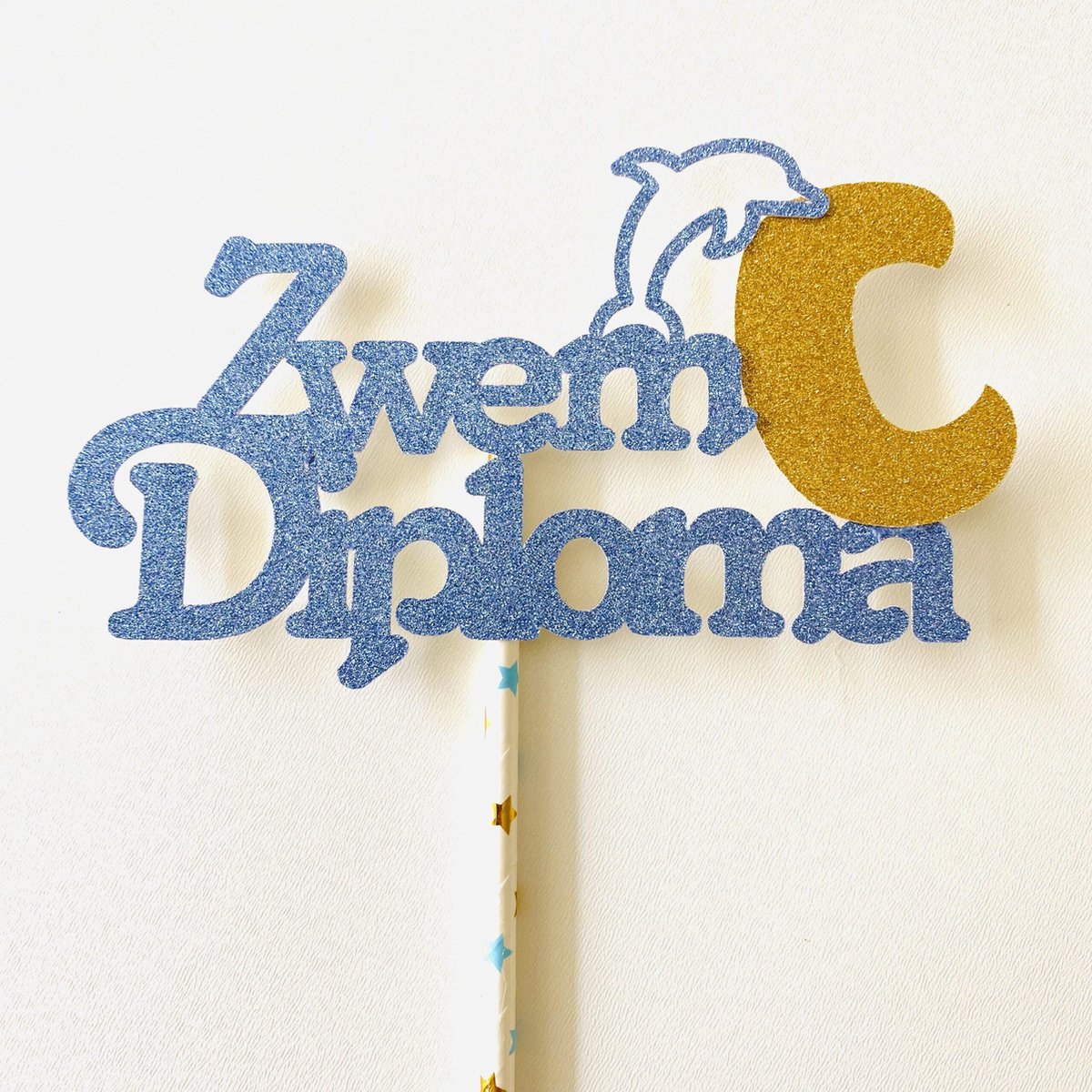 Taarten en Geschenken Taarttopper - Zwemdiploma C versiering - Glitter blauw - 14 cm