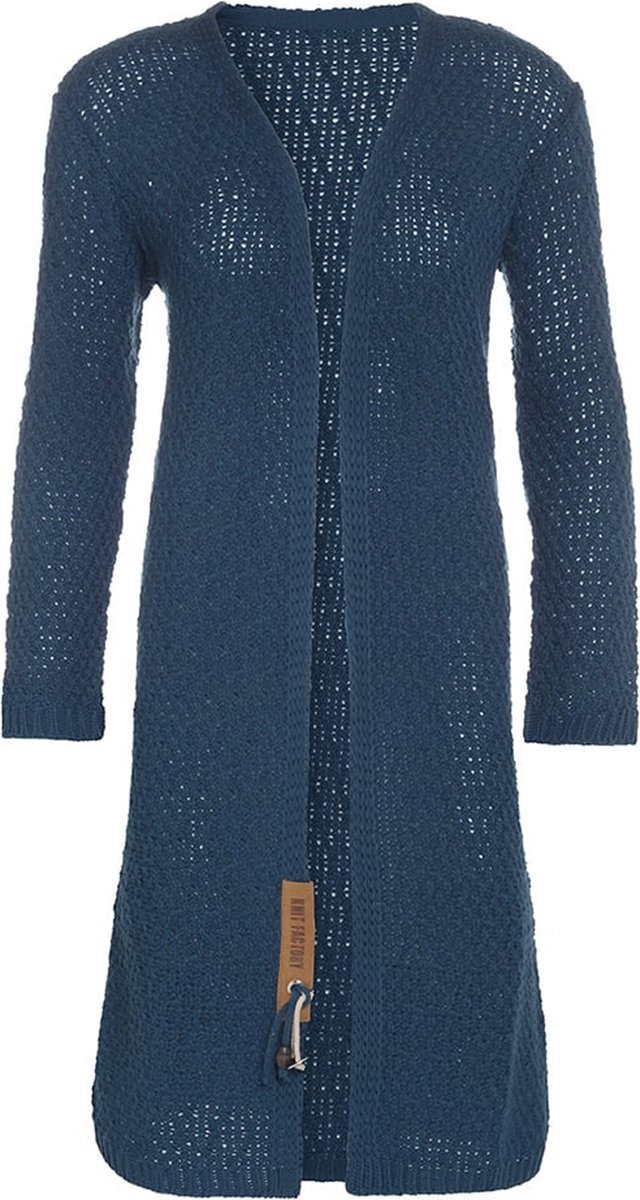 Knit Factory Luna Lang Gebreid Vest Petrol - Gebreide dames cardigan - Lang vest tot over de knie - Donkerblauw damesvest gemaakt uit 30% wol en 70% acryl - 40/42