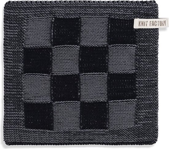 Knit Factory Gebreide Pannenlap Block - Pannenlappen gemaakt van 50% katoen & 50% acryl - Blokken motief - Traditionele look - 1 stuk - Zwart/Med Grey - 23x23 cm - Knit Factory