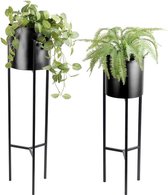 LIFA LIVING Plantenhouder Lily - Set van 2 - Zwart - Metaal - Plantenbak - Modern - Ø 18,5 x 76 cm - Ø15 x 55,5 cm