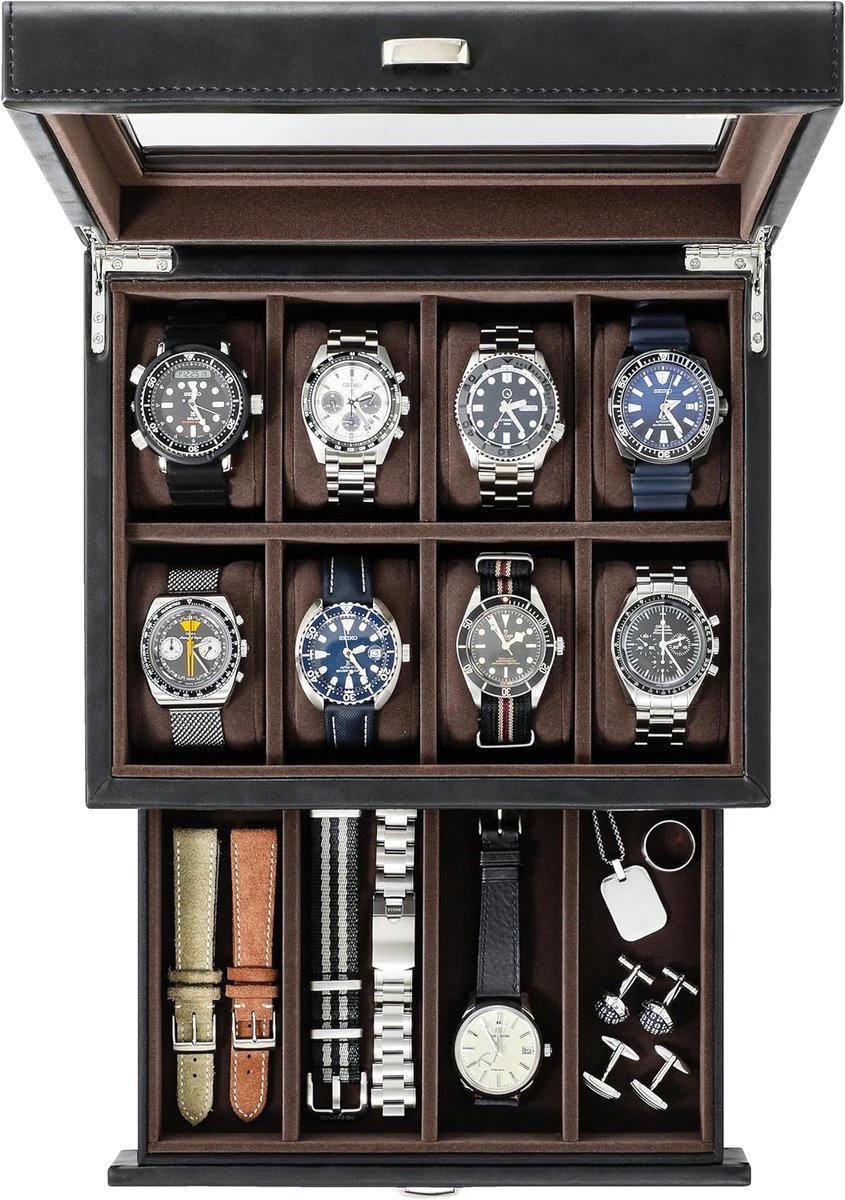 Bayswater Heren Horlogebox - 8-Vaks Horlogedoos voor Mannen - Horlogebox voor Mannen - Sieradendoos Mannen - Horlogebox Heren - Leren Box - Zwart