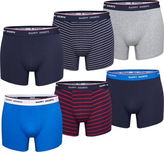 Happy Shorts Boxershorts Heren Multipack 6-Pack Effen / Gestreept Blauw - Maat S