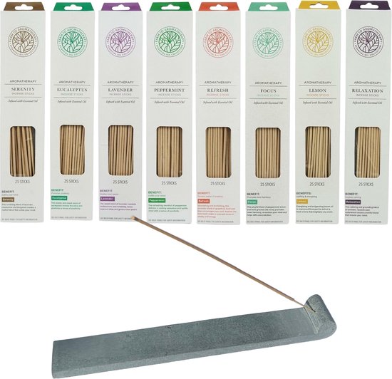 Assortiment 200 stuks etherische incense wierookstokjes 8 heerlijke geuren - 8 x 25 stuks - incl. Speksteen wierookhouder