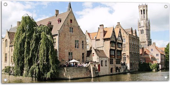 Tuinposter – Stenen Huisjes aan het Water in Brugge, België - 100x50 cm Foto op Tuinposter (wanddecoratie voor buiten en binnen)
