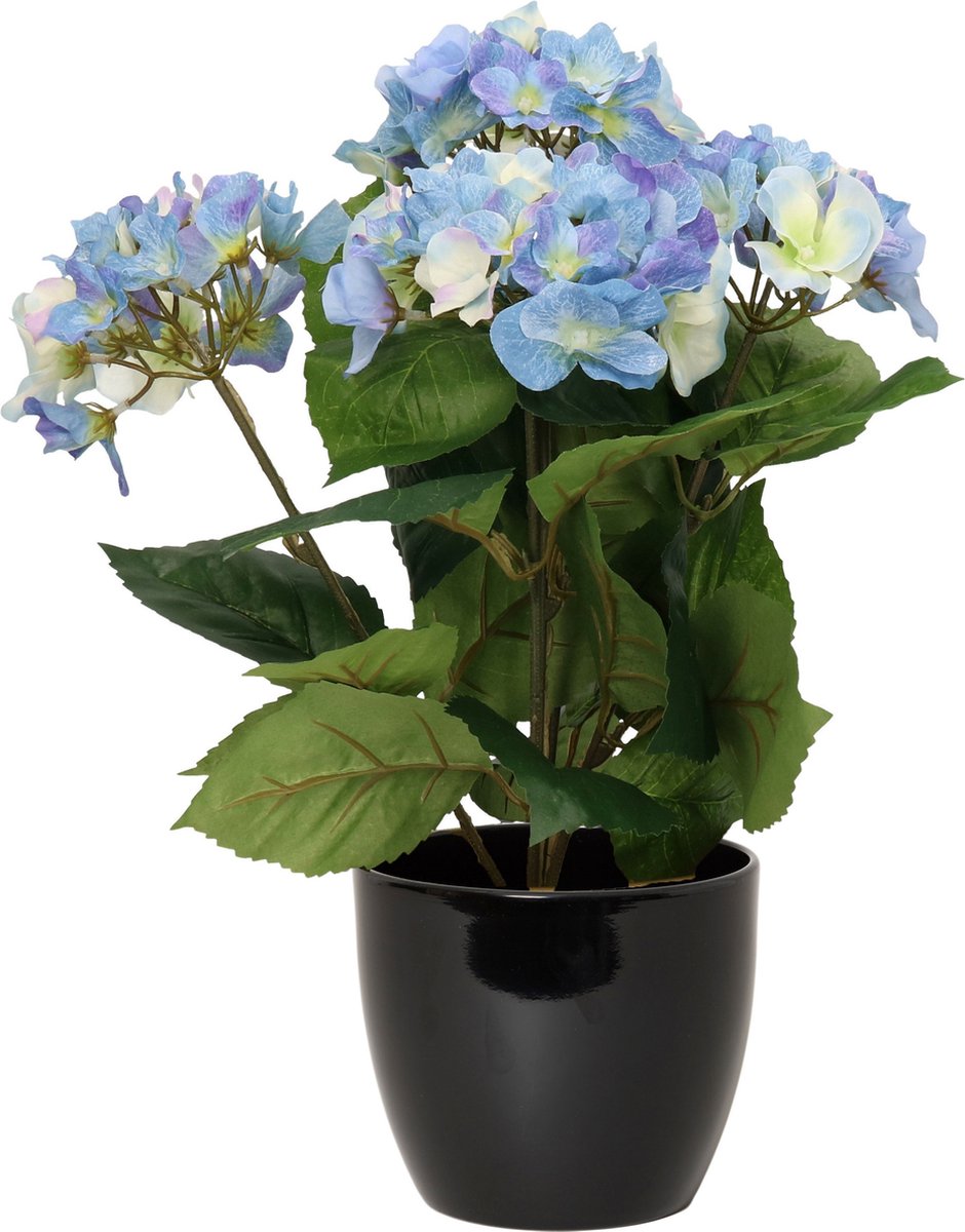 Hortensia kunstplant met bloemen blauw - in pot zwart - 40 cm hoog