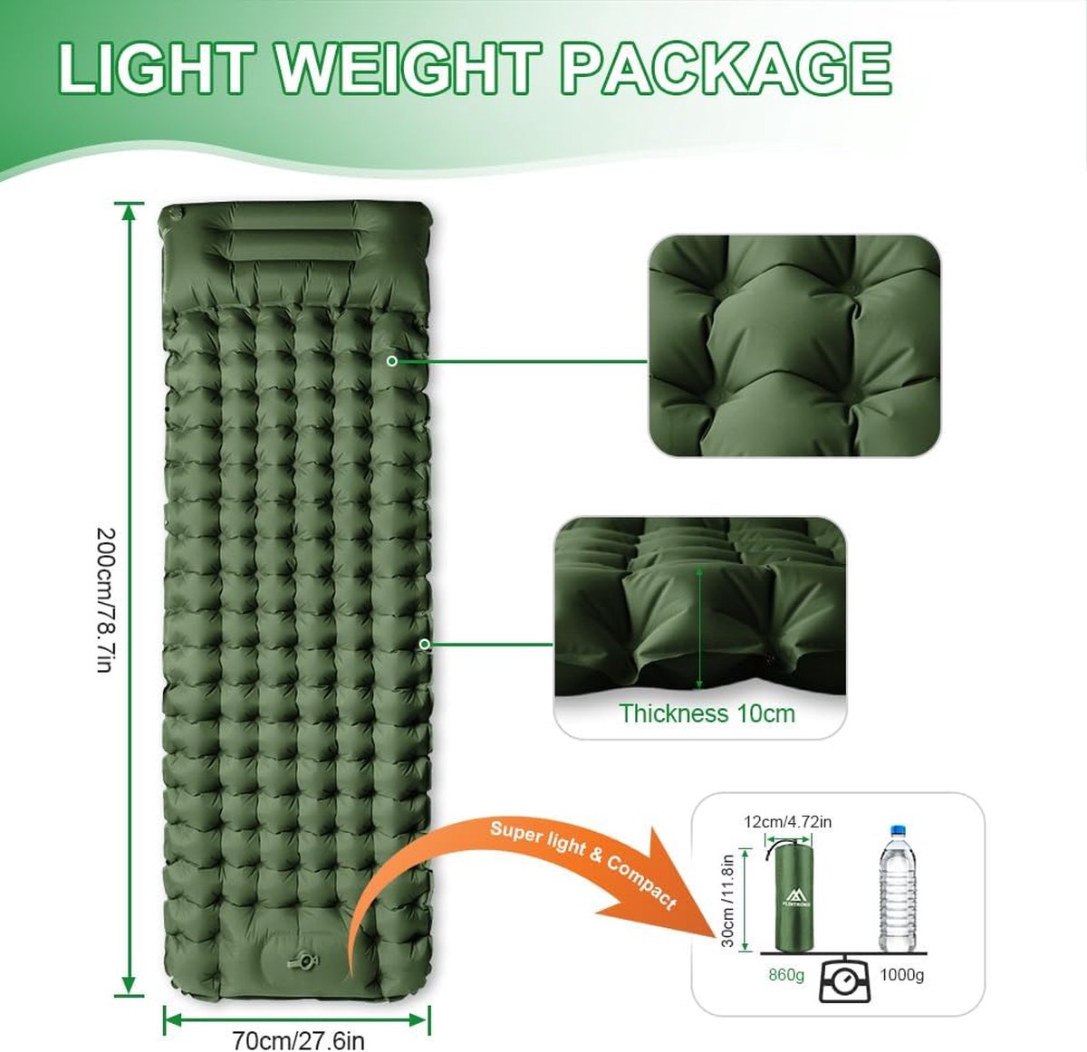 Einfach Draussen Opblaasbare ultralichte isomat met geïntegreerd kussen, opblaasbaar, ruimtebesparend, comfortabel, duurzaam, camping, outdoor, tenten (camouflage