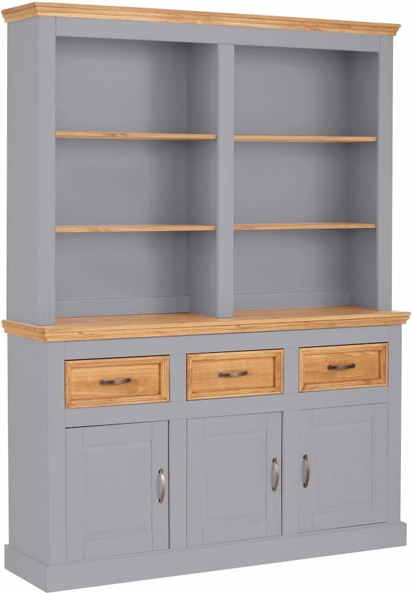 Notio Living Selma Buffetkast met 3 Deuren, 3 Lades en 6 Open Vakken - Grijs/Gebeitst - 145 cm