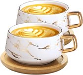 2 stuks cappuccinokopjes met schoteltjes, 300 ml, porseleinen espressokopjes voor thee, koffie, cappuccino, koffiekopjes met houten schijf (wit x 2)
