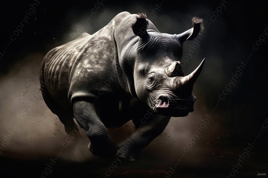JJ-Art (Aluminium) 90x60 | Rhinocéros dans la nuit, le soir | animal, Afrique, marron, gris, noir, moderne | photo peinture sur dibond, décoration murale métal