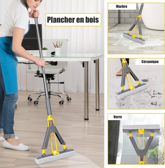 Spons Dweilmop - Vloerdweil met Uitwringfunctie, 3 knijpwaterrollen 38cm brede sponskop en 135cm lange dweilstaaf Absorberende Dweil Floor mop voor Tegels, Marmer, Hardhout(1 head