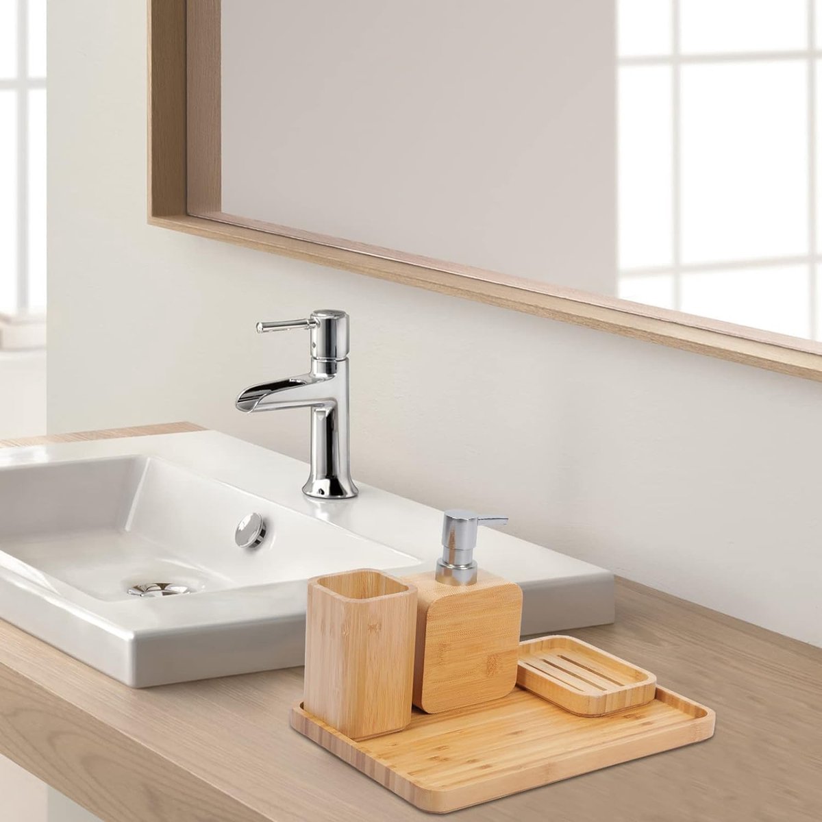 Lot De 4 Accessoires Salle De Bain En Bambou Et Plastique Blanc - Distributeur, Porte-Savon, Gobelet Et Porte-Brosse à Dents