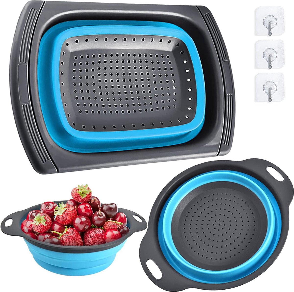 Opvouwbare zevenset, 3 stuks, opvouwbaar vergiet, ruimtebesparende keukenzeef, inklapbaar, pastleef, keuken, orde, afdruipzeef voor gootsteen van groenten en fruit, met 3 zelfklevende haken, blauw