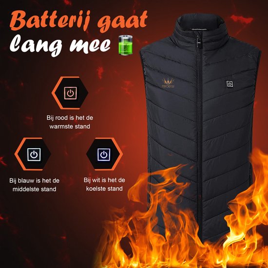 Zwarte bodywarmer met illustratie van batterij en verwarmingsstanden (rood, blauw, wit).