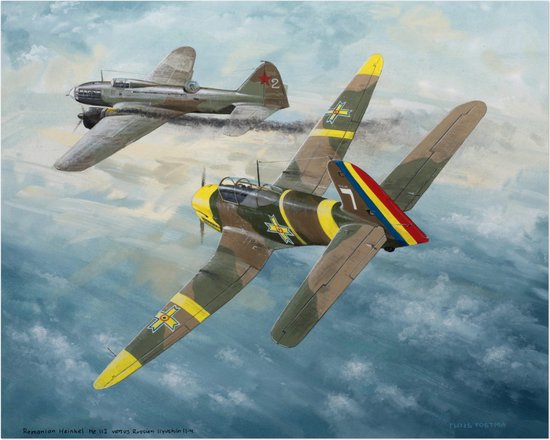 Thijs Postma - TP Aviation Art - Poster - Roemeense Heinkel He 112 Valt Russische Ilyushin Il-4 Aan - 40x50cm