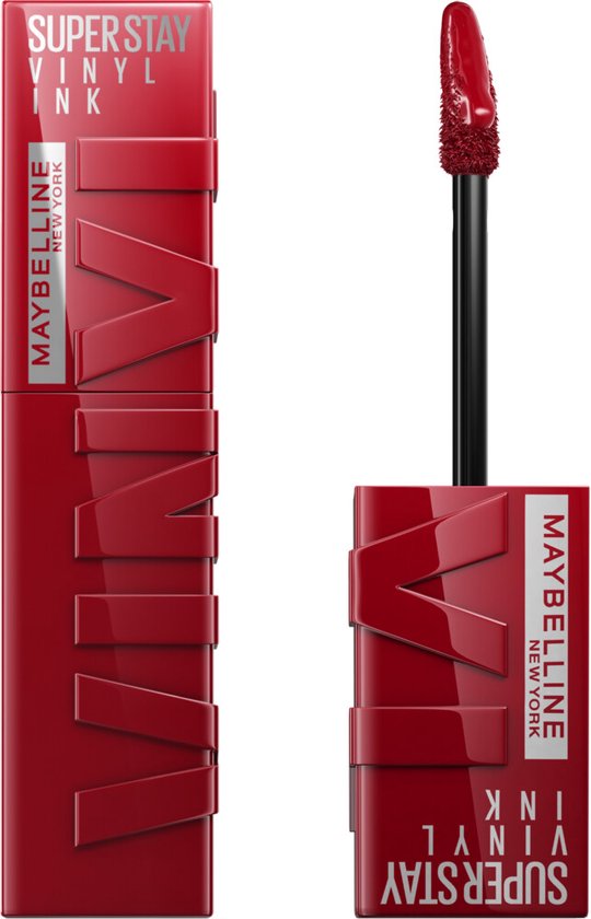 Maybelline SuperStay Vinyl Ink verpakking en applicator in rode kleur, voor de kleur 10 Lippy.