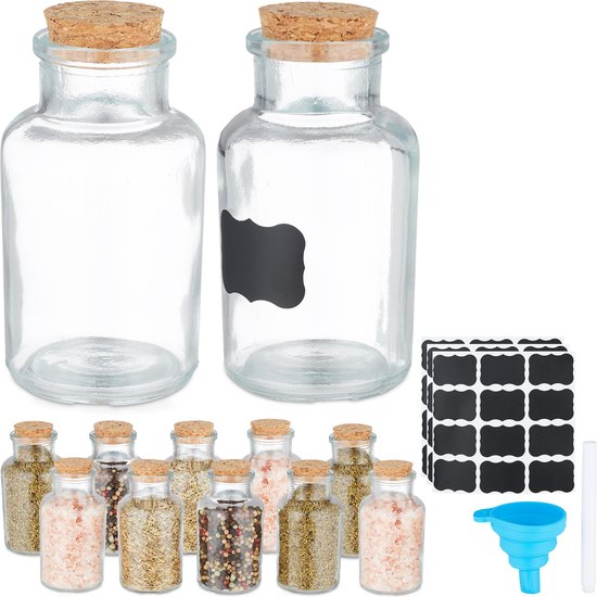 MamboCat Set van 6 kruidenpotjes, inhoud 300 ml, herbruikbare glazen potjes met kurksluiting, hoogwaardig rond glas, bewaren van thee, kruiden en specerijen
