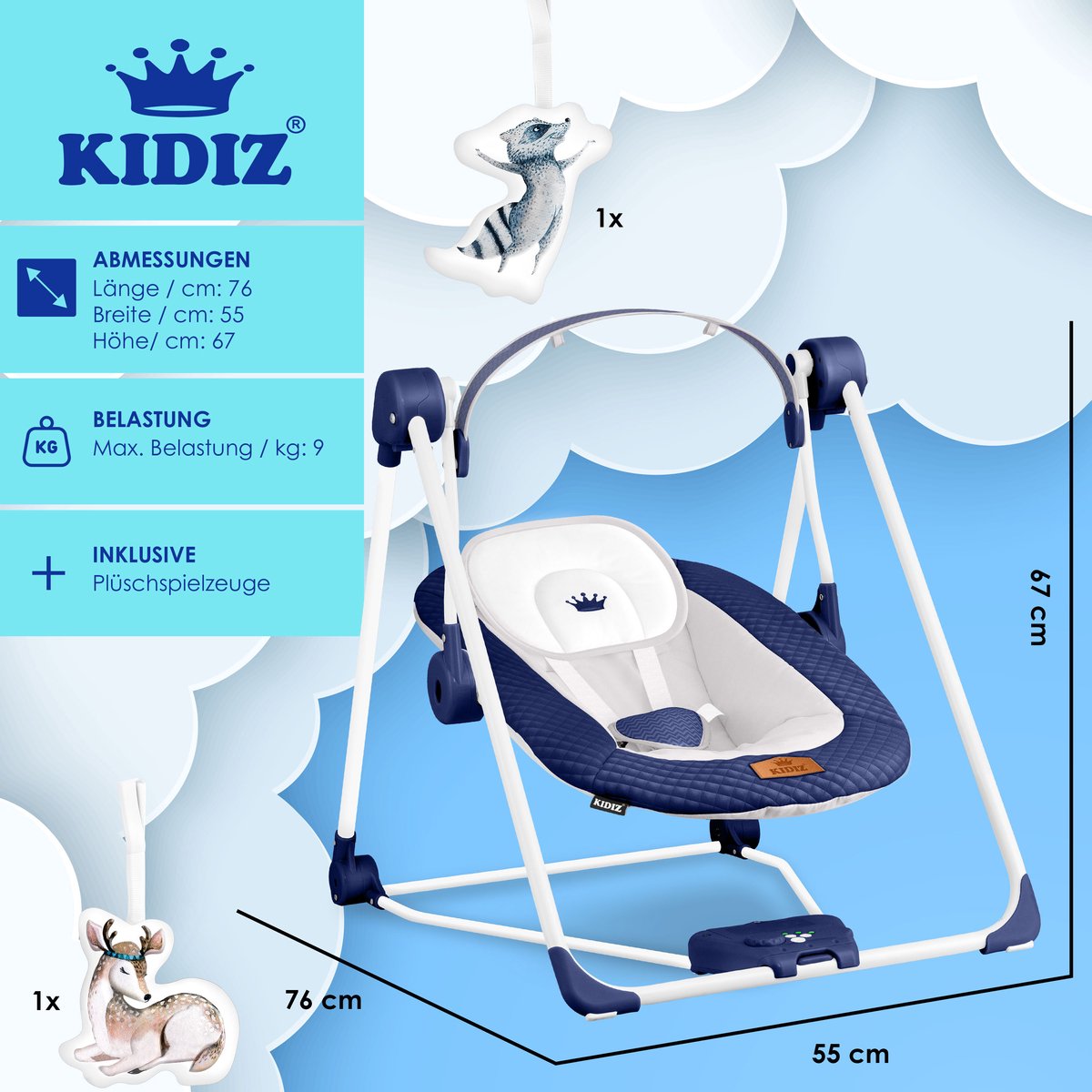 KIDIZ Wipstoel Baby Elektrisch Babyschommel tot max 9kg - Marineblauw thumbnail 3
