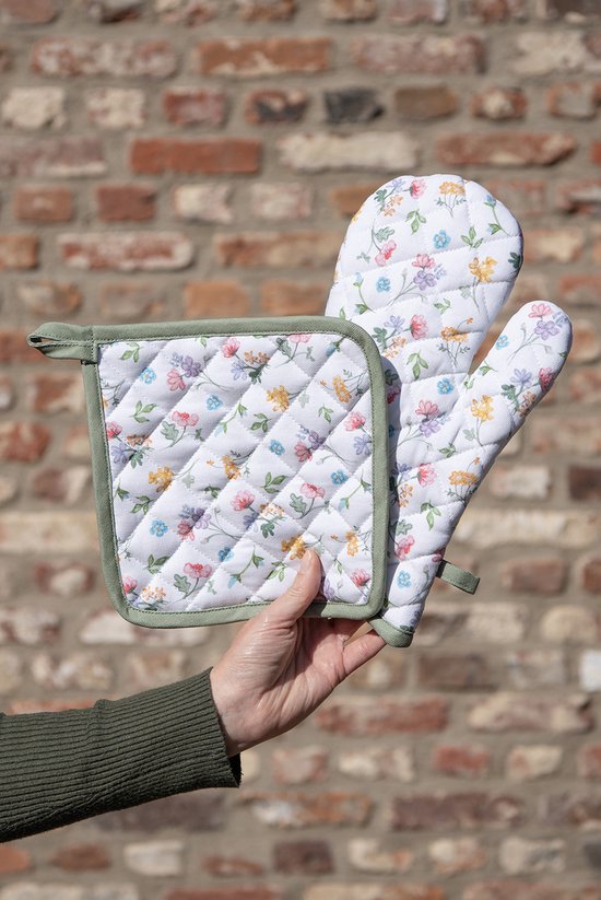 Clayre & Eef Serviettes Coton set de 6 40x40 cm Blanc Vert Carré Fleurs