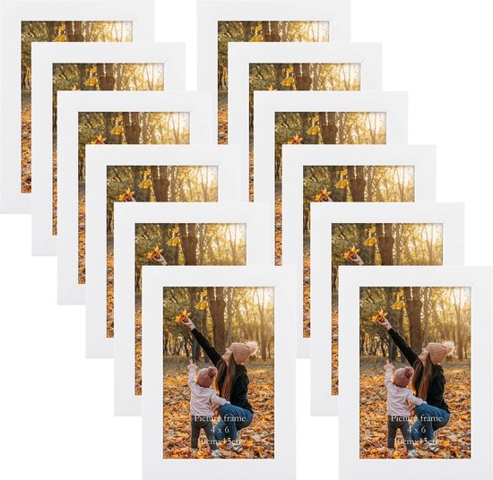 Set van 12 fotolijsten 10x15 cm met witte houtnerf lijst, witte fotolijst collage set voor wand- of tafelstandaard