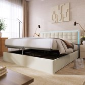 Gestoffeerd bed met LED-verlichtingsstrip - 2-persoonsbed met lattenbodem en opbergruimte - functioneel bed met afstandsbediening - PU lederen hoes - wit 140x200 cm