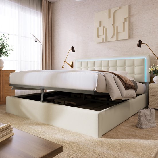 Gestoffeerd bed met LED-verlichtingsstrip - 2-persoonsbed met lattenbodem en opbergruimte - functioneel bed met afstandsbediening - PU lederen hoes - wit 140x200 cm