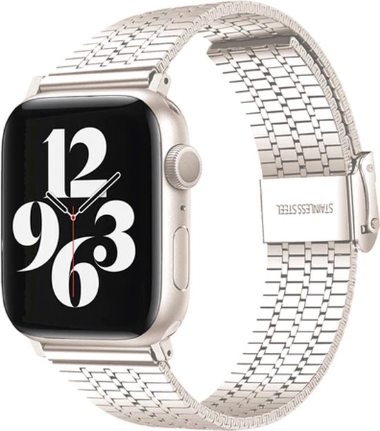 Strap-it Roestvrijstalen band - Geschikt voor Apple Watch bandje - Series 1/2/3/4/5/6/7/8/9/SE/Ultra - Sterrenlicht / Starlight - RVS stalen band met verstelbare sluiting - Metalen iWatch bandje voor maat: 42 mm 44 mm 45 mm 49 mm