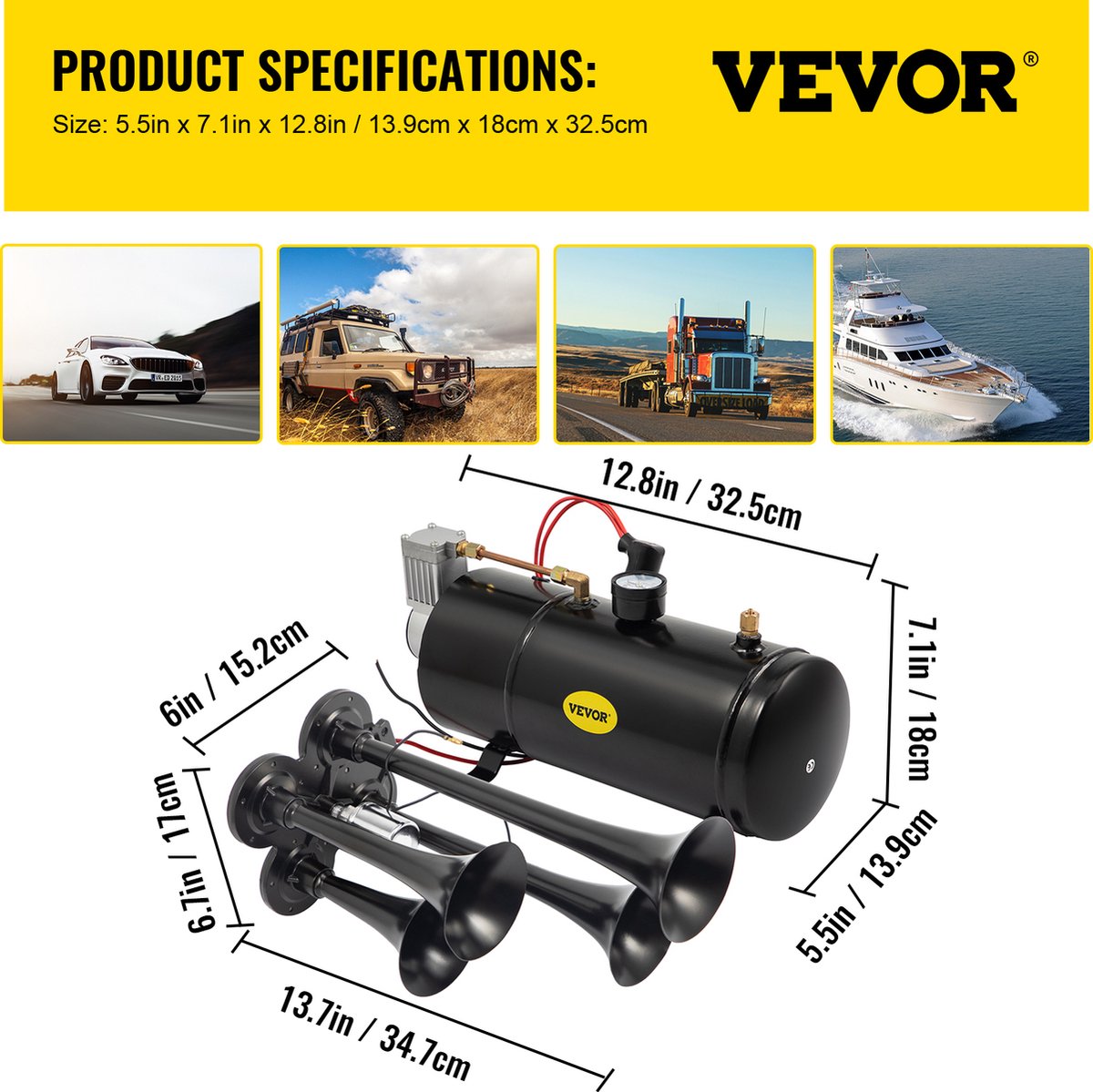 VEVOR Kit de Klaxon de Train Chromé 4 Trompettes 150dB avec Compresseur  d'Air Électrique 12V Réservoir de Gaz 6L pour Camions Bateaux Camions  Voitures