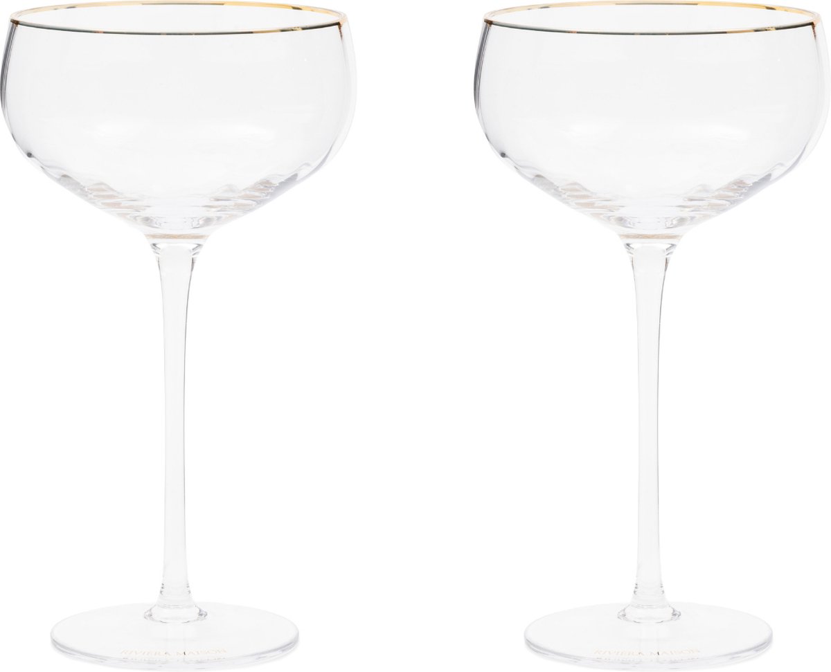 Riviera Maison Champagneglas, Bewerktglas, Cava wijnglas – Les Saisies, Gouden rand 300 ml – set van 2 stuks