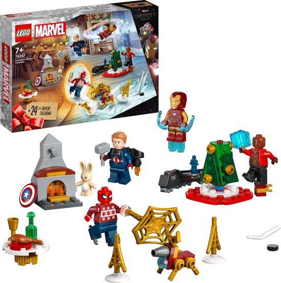 LEGO Marvel Avengers Adventskalender met Iron Man, Captain America, Spider-Man, Kerstboom, haardvuur en trein.