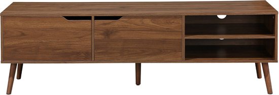 Meuble TV en noyer avec tiroirs, compartiments ouverts et pieds inclinés.