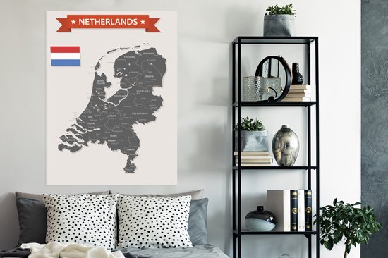 Poster Grijs met witte kaart van Nederland - 90x120 cm